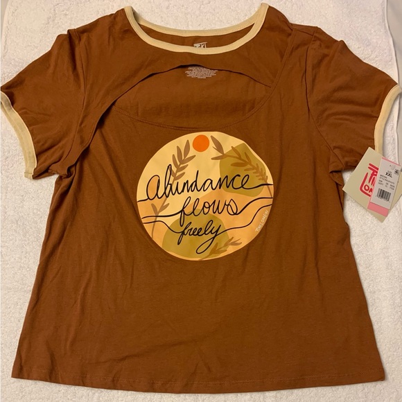 Pink Lomein  NWT Brown Short Sleeve Cut Out Top “ Abundance Flows Freely” XXL - Picture 1 of 5